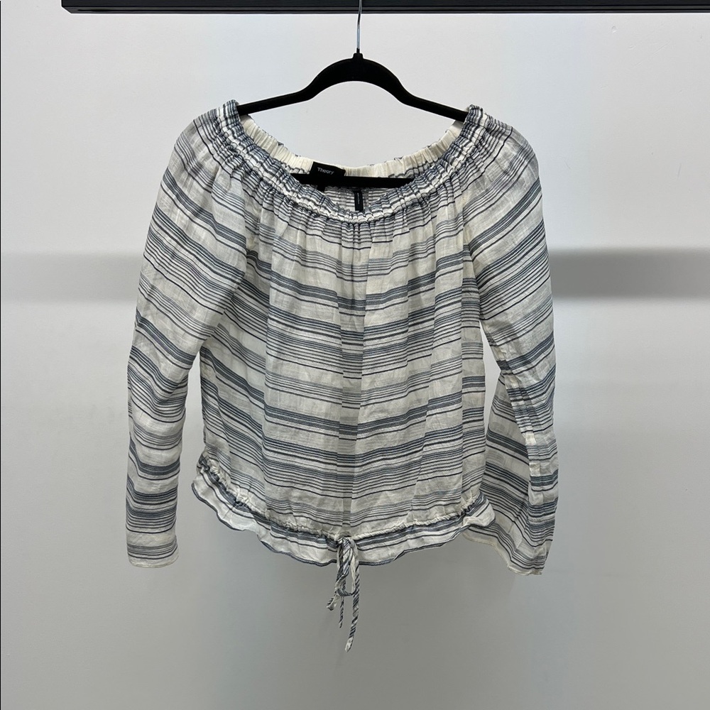 Theory Blue and White Striped Off-Shoulder Blouse